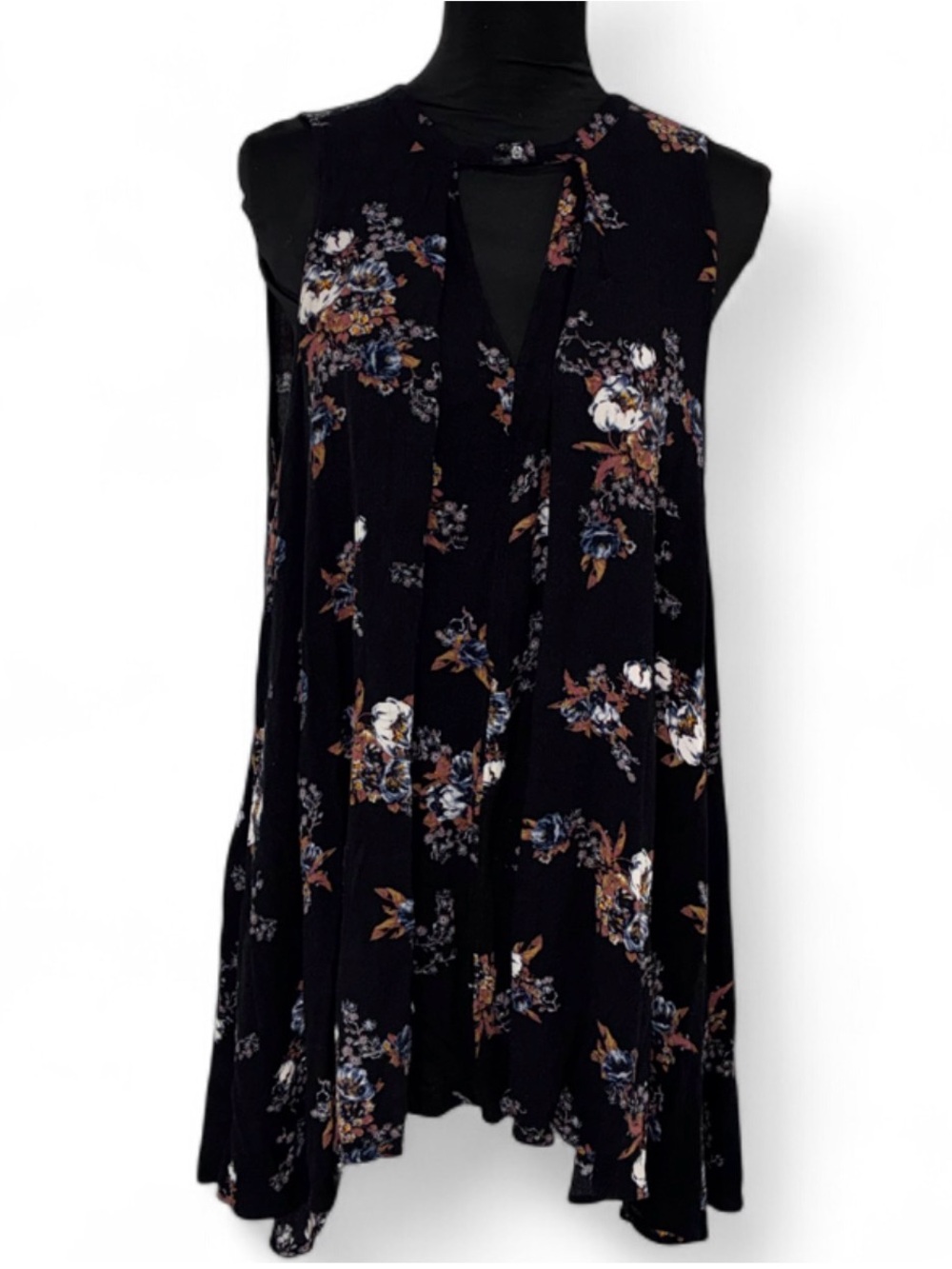 Free People Black Floral Swing Tank Dress with Keyhole Neck